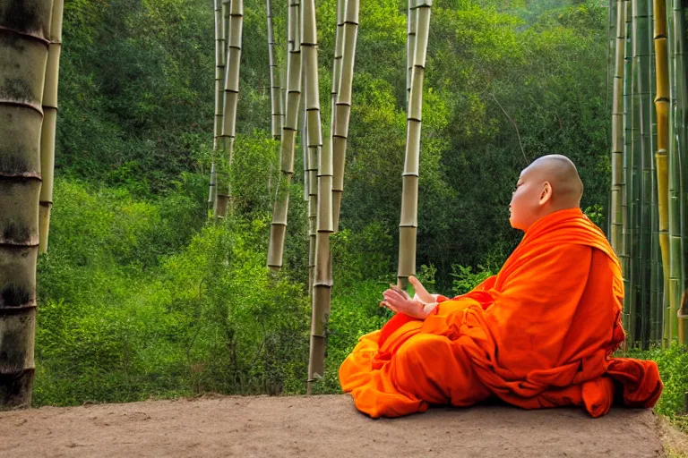 Image similar to a high quality photo of a panda monk, wearing orange clothes, meditating, sitting in front of a temple. bamboo forest in the background, shinji aramaki