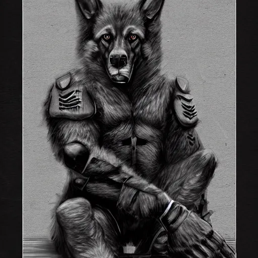 Image similar to a humanoid german shepherd beast - man in military style, sitting on the carpeted floor beside a bed, highly detailed portrait, digital painting, artstation, concept art, smooth, sharp foccus ilustration, artstation