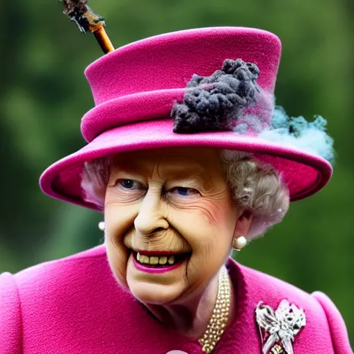 Prompt: the queen of england exhaling a large smoke cloud from her royal bong, award winning candid photography