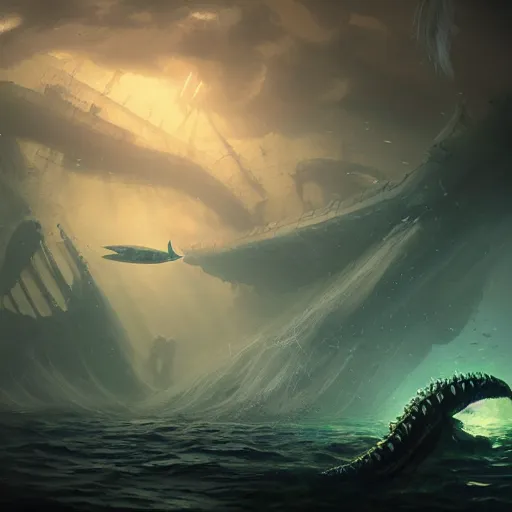 Prompt: Underwater Leviathan, bioluminescent, eerie, emotion, scenery, oil painting, Tooth Wu, Greg Rutkowski, RPG, dynamic lighting, fantasy art, high contrast, depth of field