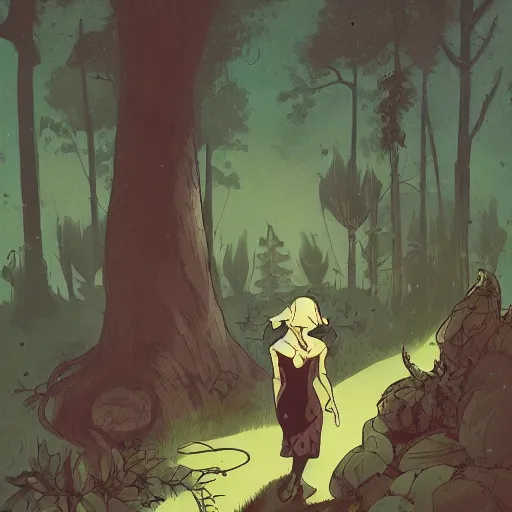 Image similar to character design of a young, beautiful earth witch in wooded forest : : 1, with bear companion, mike mignola style, comics, beautiful composition, wide angle, colorful, cinematic, volumetric lighting, intricate details