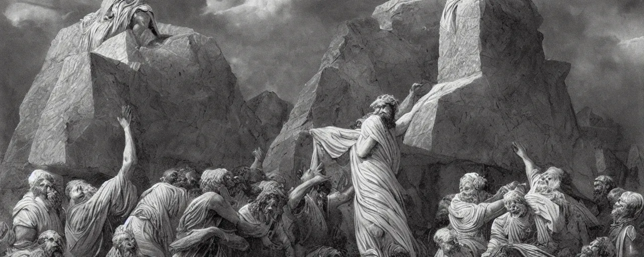 Image similar to moses holding up in the air the ten commandments stone tablets, photorealistic, highly detailed, texture, soft light, dramatic, moody, ambient, painting by gustave dore