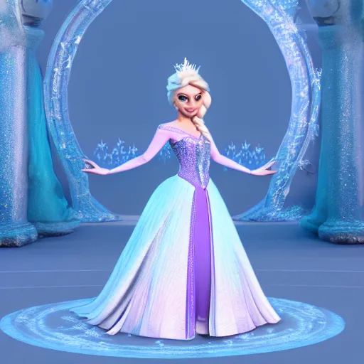 Image similar to minion as Princess Elsa from Frozen Disney, 3d ray tracing, HD, rendered, highly detailed model