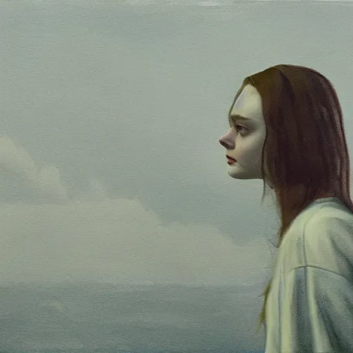 Image similar to Elle Fanning in the painted world of Ghostface, head and shoulders masterpiece, apocalypse, golden hour, cosmic horror, artstation, in the style of Andrew Wyeth and Edward Hopper and Bosch, extremely detailed