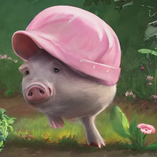 Image similar to cute and adorable little piggy pig doing some gardening wearing a cute hat, highly detailed, digital painting, artstation, concept art, smooth, sharp focus, illustration, art by yee chong and sydney hanson