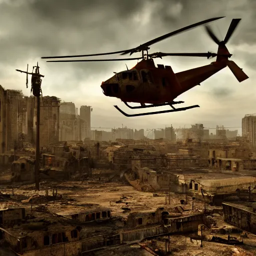 Image similar to apocalyptic, ruined town. rusted helicopter. volumetric lighting, sharp focus, ultra detailed, cgsociety - w 1 0 2 4 - n 8 - i