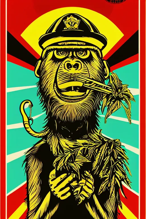 Image similar to Shepard Fairey poster of reggae weed smoking monkey , color, high resolution.