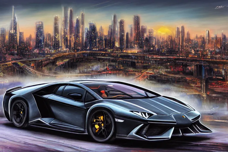 Prompt: a futurisitic well designed car by lamborghini and boeing military and honda, in a city, skyline in the distance, day, summer, painting by best asher brown durand and star wars, ultra mega detailed, beautiful realistic photo, professional photography, perfect