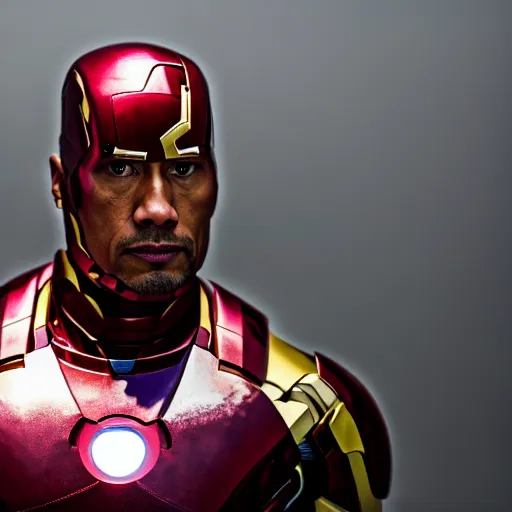 Image similar to dwayne johnson as ironman, photography, headshot, headpiece, female character, canon eos r 3, f / 1. 4, iso 2 0 0, 1 / 1 6 0 s, 8 k, raw, unedited, symmetrical balance, in - frame