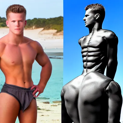 Image similar to a realistic detailed photo of a guy who is an attractive humanoid who is half robot and half humanoid, who is a male android, football player christian mccaffrey, shiny skin, posing like a statue, blank stare, by the beach, on display