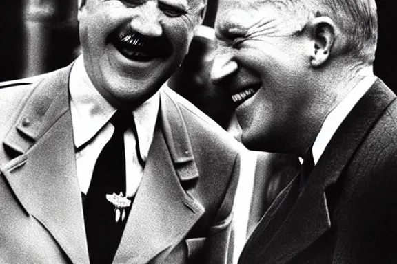 Image similar to “ very very intricate photorealistic photo of hitler and joe biden laughing together, detailed natural lighting, award - winning crisp details ”