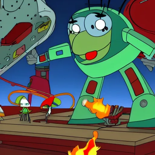 Image similar to plankton piloting a giant robot destroying the krusty krab, episode, detailed, 4 k, fire, awesome, favorite