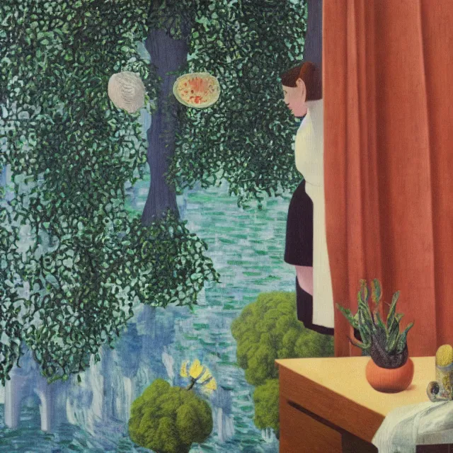 Prompt: a female art student in her apartment, plants in glass vase, water, river flowing through a wall, river, rapids, pig, buttress tree roots, canoe, pomegranate, berries dripping, acrylic on canvas, surrealist, by magritte and monet