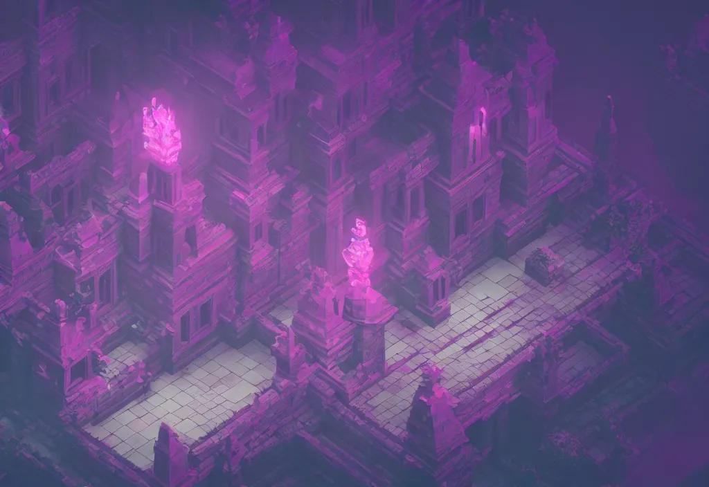 Image similar to isometric magicavoxel Bloodborne vaporwave cinematic lighting, 4k