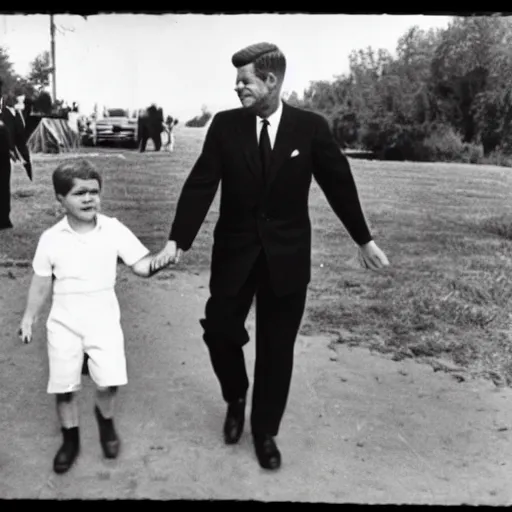 Prompt: a photograph of jfk holding hands with a werewolf