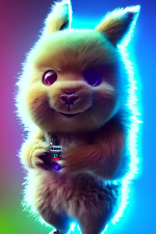 Image similar to high quality 3 d render cyberpunk very cute multicolored fluffy! wombat cyborg, mechanical paw, highly detailed, vray smooth, in the style of detective pikachu, hannah yata charlie immer, cinematic neon blue light, low angle, uhd 8 k, sharp focus