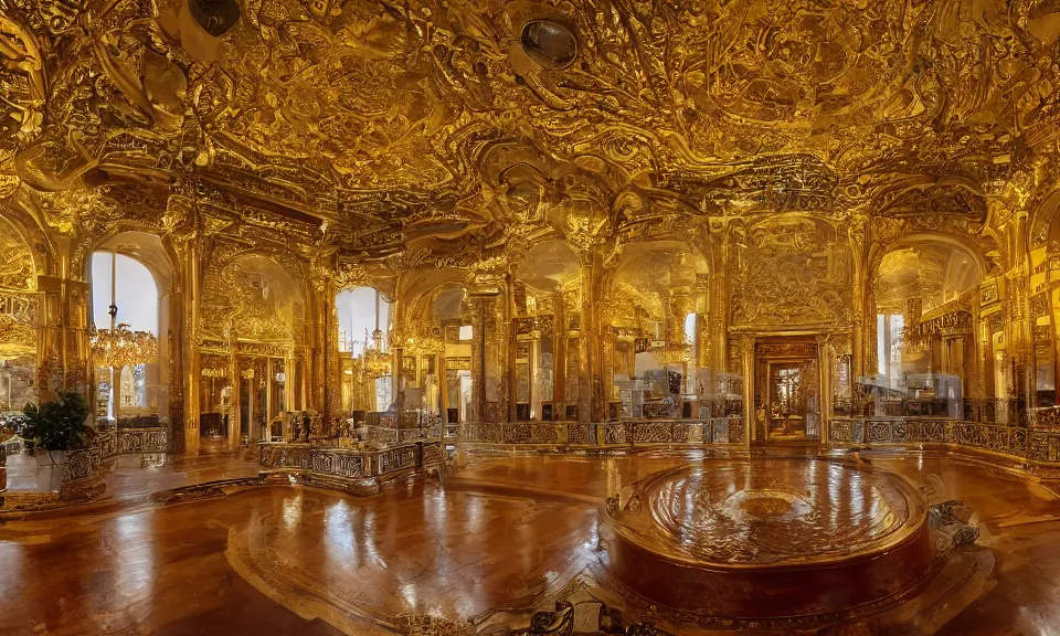 Prompt: interior shot of a beautiful golden oriental palace