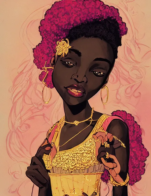 Prompt: black - skinned princess of the strawberry cream valley. this heavily stylized gouache and gold leaf work by an indie comic artist has interesting color contrasts, plenty of details and impeccable lighting.