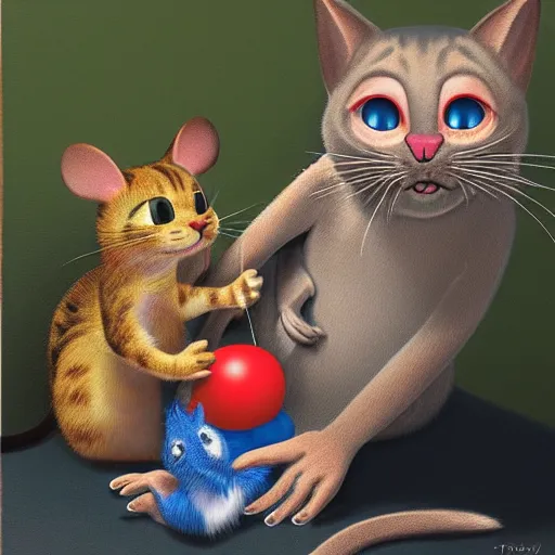 Image similar to hyper realistic tom the cat clutching jerry the mouse, both looking directly at the camera with bloodshot eyes