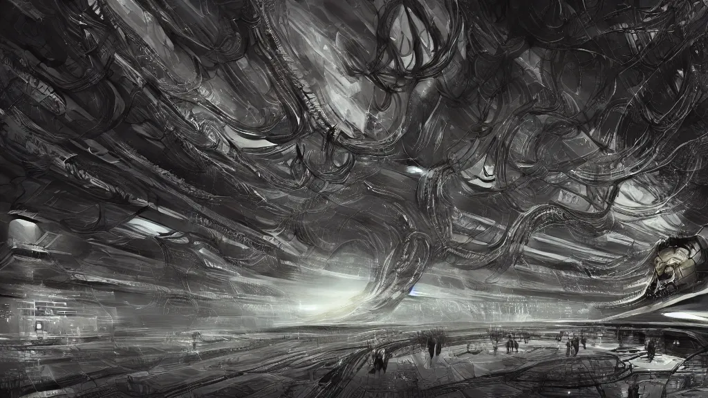 Image similar to a Photorealistic dramatic hyperrealistic,hyper detailed render of an Epic Sci-Fi, Gigantic Alien xenomorph spaceship inside huge interior hangar,intricate bio mechanical surface details in a top secret research facility,many tubes and cables hanging from the ceiling by Greg Rutkowski,Nicolas Bouvier,Sparth,ILM,Beautiful dynamic dramatic very dark moody contrast warm and cold lighting,Volumetric,Cinematic Atmosphere,Octane Render,Artstation,8k