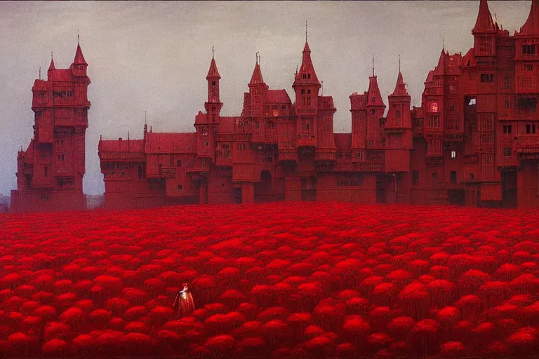 Image similar to only with red, red flowers of different types, red castle in background, red medieval goblins, in the style of beksinski, parts by edward hopper, parts by rodcenko, parts by yue minjun, intricate and epic composition, red by caravaggio, insanely quality, highly detailed, masterpiece, red light, artstation, 4 k