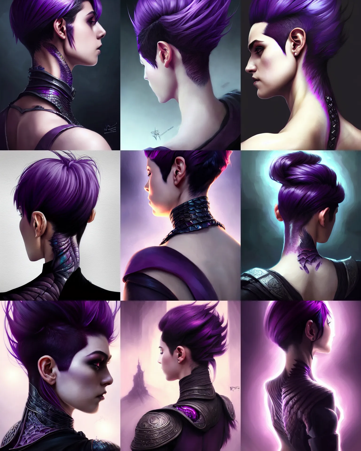 Prompt: back portrait rugged girl, dark supervillain, dragon scales, fantasy magic, undercut hairstyle, short purple black fade hair, dark light night, intricate, elegant, sharp focus, illustration, highly detailed, digital painting, concept art, matte, art by WLOP and Artgerm and Greg Rutkowski and Alphonse Mucha, masterpiece