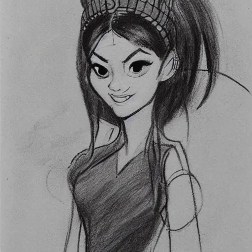 Image similar to milt kahl sketch of victoria justice with done up hair, tendrils covering face and ponytail as princess padme from star wars episode 3