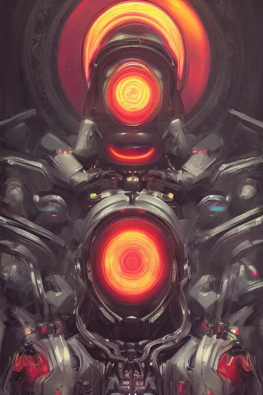 Image similar to portrait of an ominous mysterious bright futuristic robotic religious figure addressing its followers, oil on canvas, gothic style, ornate, elegant, highly detailed, concept art, trending on artstation