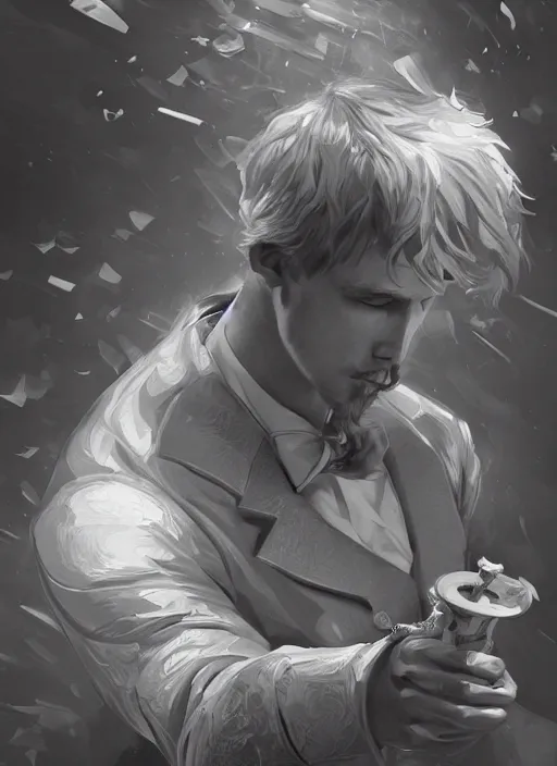 Image similar to a highly detailed illustration of short ginger haired man wearing white suit, dramatic holding chess piece pose, intricate, elegant, highly detailed, centered, digital painting, artstation, concept art, smooth, sharp focus, league of legends concept art, WLOP