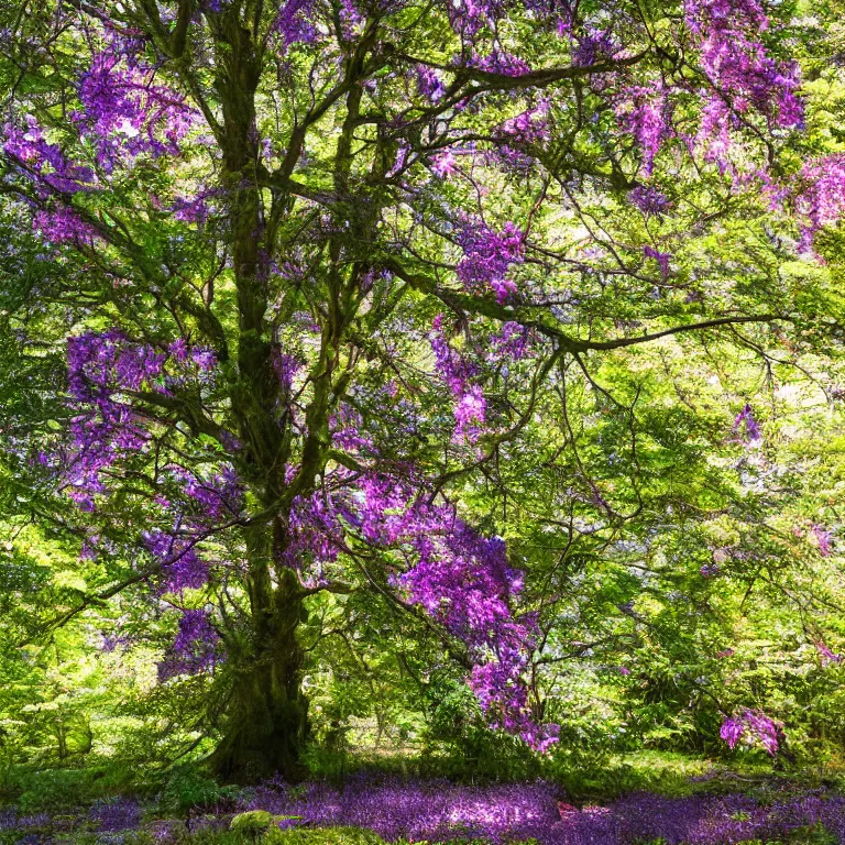 Prompt: tiny seeds float around a fairytale tree with lush purple flowers in a sunny forest glade, radiant morning light