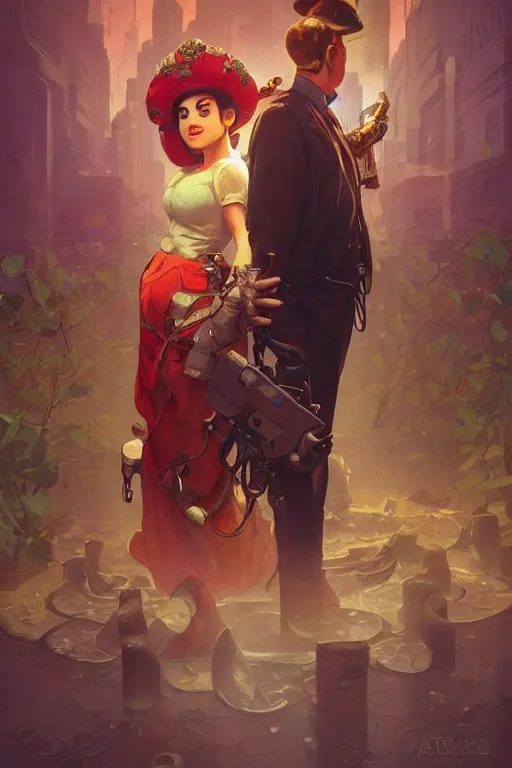 Image similar to Mario and his wife from Nintendo, disco elysium, highly detailed, digital painting, artstation, concept art, smooth, sharp focus, illustration, art by artgerm and greg rutkowski and alphonse mucha and Wayne Barlowe and Zdislav Beksinski and Francis Bacon