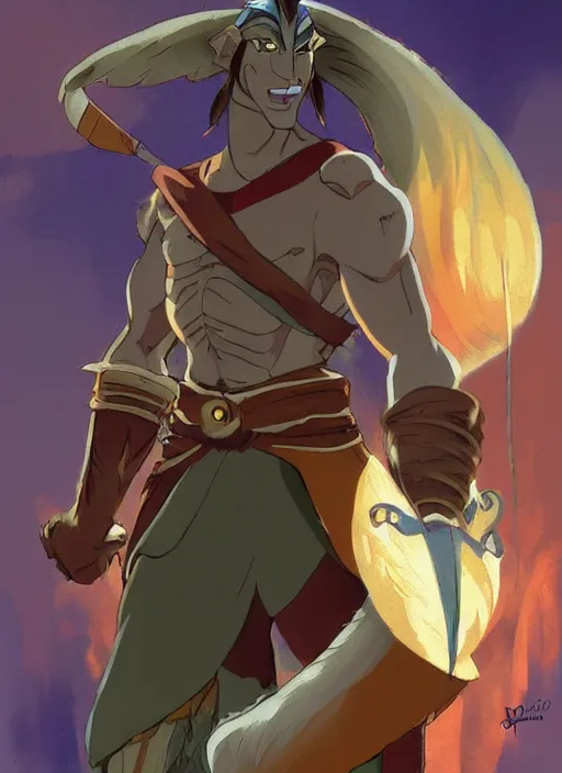 Image similar to official digital painting artwork of a male warrior character by don bluth, ross tran and studio ghibli.