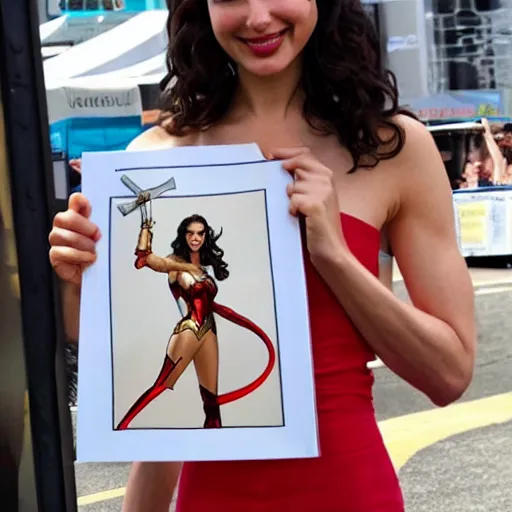 Image similar to Gal Gadot holding a sign that says M I T C H I E P O O !!!! as painted by Ralph Horsley