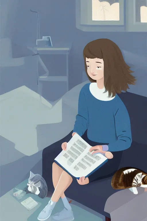 Image similar to a digital painting of a girl reading a book with a cat in A comfortable study room at night,blue and grey theme,JK uniform ,Hairdryer,blue theme,S line, by anmi and reoenl and krenz and wlop