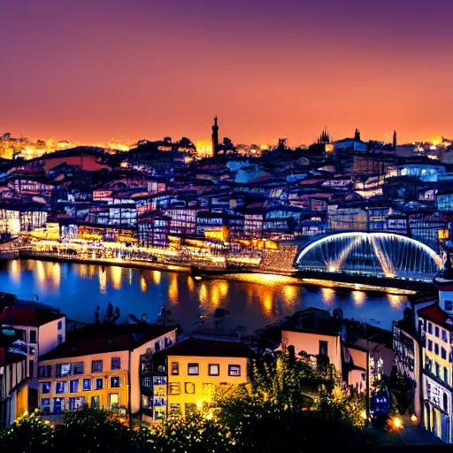 Prompt: of panorama view of the city of porto. cinematic view. anamorphic lens, night lights. sharp focus