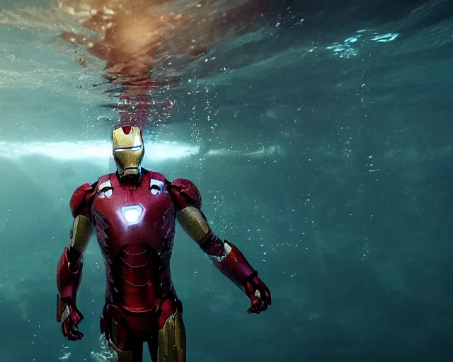 Prompt: iron man submerged under water, cinematic, photoreal, by red dead redemption 2