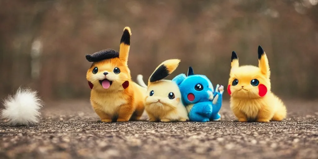 Image similar to real life pokemons, cute!!!, content!!!, mischievous!!!, adorable!!!, little furballs, fluffy!!!, ultra realistic!!!, golden hour, sharp focus