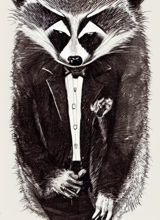 Prompt: a dramatic illustration portrait of an anthropomorphic raccoon mob boss, by posuka demizu, by stephen gammell, by victo ngai, by george ault, in the style of mafia, artstation