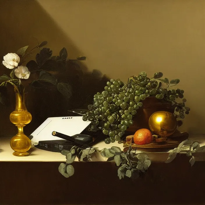 Image similar to still life painting of a personal computer and greenery by pieter claesz, oil on canvas, strong lighting, highly detailed, hyper realism, golden hour, god rays, hd, 4 k