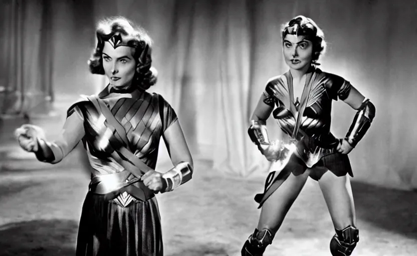 Prompt: ingrid bergman as wonder woman in a scene from the 1 9 4 8 film'wonder woman versus the robots '. colourful. 1 9 5 0 s. action. beautiful. powerful.