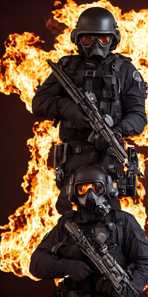 Prompt: portrait of a burning swat agent with a tactical helmet and goggles holding a machine gun, flames, at night, mid shot, editorial photography