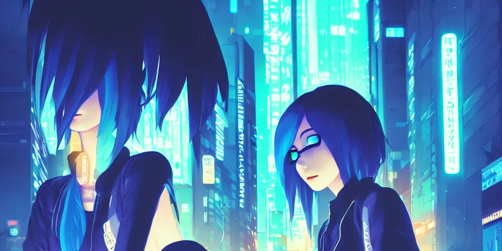 Image similar to digital illustration closeup of cyberpunk pretty girl with blue hair in city street at night by makoto shinkai, ilya kuvshinov, lois van baarle, rossdraws, basquiat