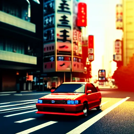 Prompt: a car driving JZX100 in middle of road, shibuya prefecture, city sunset, cinematic color, photorealistic, highly detailed, bokeh, DOF, octane render