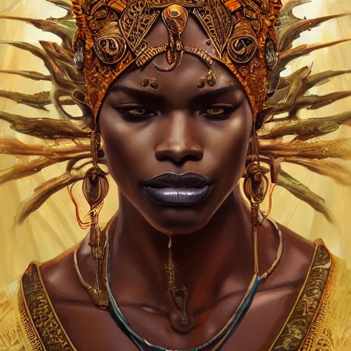 Image similar to an african deity king of the jungle, kemetic, D&D, fantasy, intricate, elegant, highly detailed, digital painting, artstation, concept art, matte, sharp focus, illustration, art by Artgerm and Greg Rutkowski and Alphonse Mucha