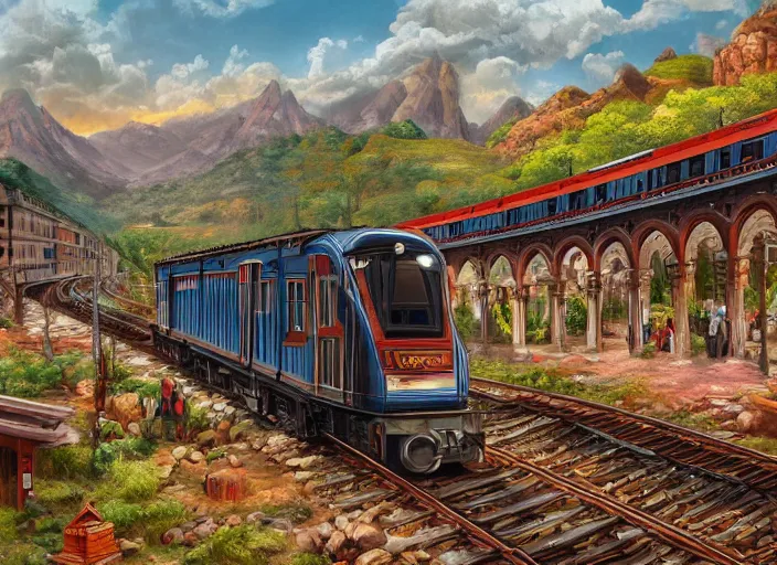 Prompt: 🛤🚞🧳, lowbrow, matte painting, 3 - d highly detailed, in the style of,