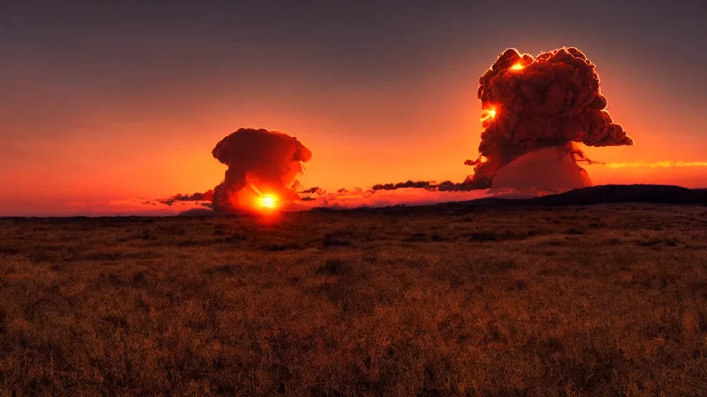 Image similar to movie still of a nuclear explosion, sunset, golden hour, dramatic