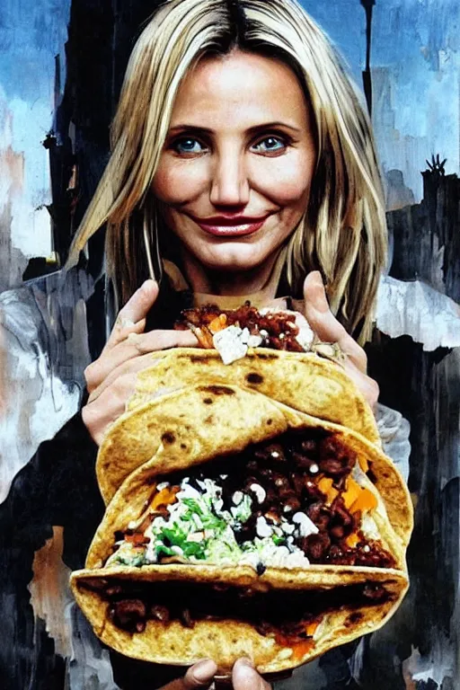 Prompt: portrait of cameron diaz eating a burrito in a post apocalyptic place, hyperealistic by dali