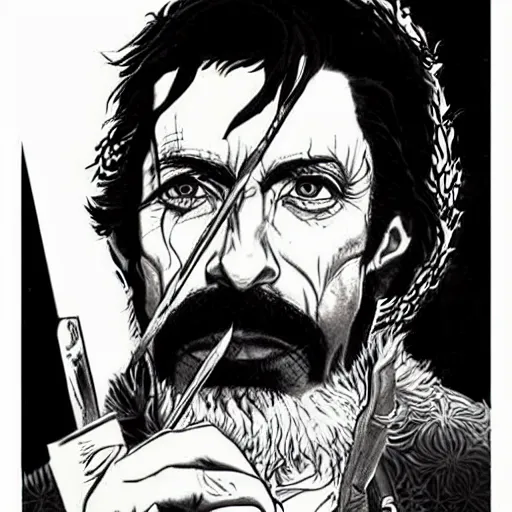 Prompt: black and white pen and ink!!!! rugged royal! Baháʼí Faith goetic Hugh Jackman x Frank Zappa golden!!!! Vagabond!!!! floating magic swordsman!!!! glides through a beautiful!!!!!!! battlefield dramatic esoteric!!!!!! pen and ink!!!!! illustrated in high detail!!!!!!!! by Junji Ito and Hiroya Oku!!!!!!!!! graphic novel published on 2049 award winning!!!! full body portrait!!!!! action exposition manga panel black and white Shonen Jump issue by David Lynch and Frank Miller beautiful line art Hirohiko Araki-s 150