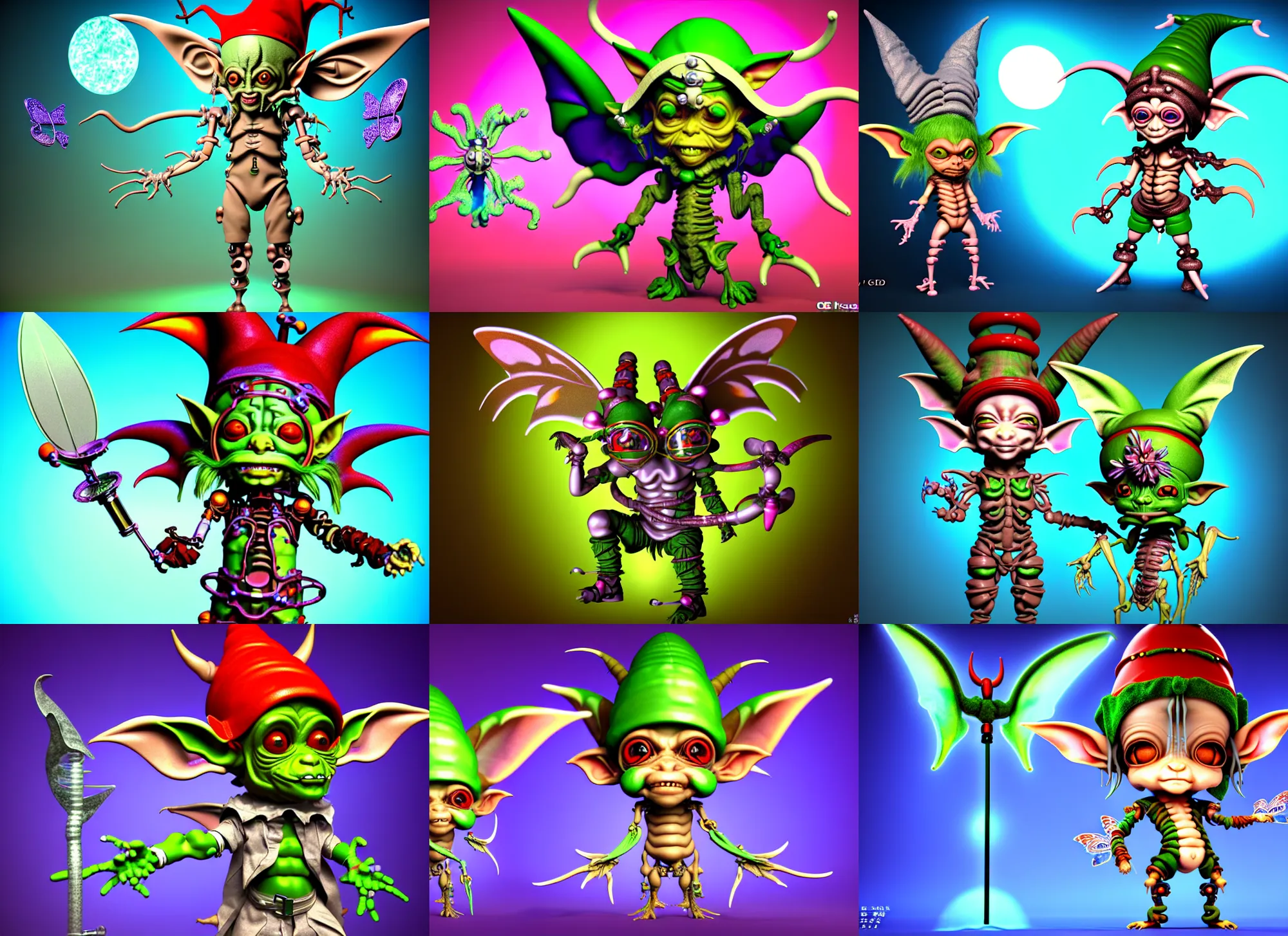 Prompt: 3 d render of chibi cyborg surgeon goblin elf by ichiro tanida wearing a big jester hat and wearing angel wings against a psychedelic swirly background with 3 d butterflies and 3 d flowers, holistic medicine, arabic hong kong ad, in the style of 1 9 9 0's cg graphics 3 d rendered y 2 k aesthetic by ichiro tanida, 3 do magazine