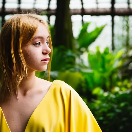 Prompt: head and shoulder portrait photograph of a young blond woman wearing a yellow kimono in a tropical greenhouse, super resolution. 35 mm lens, bokeh